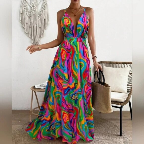 Summer Maxi Crisscross Backless Spaghetti Strap Dress With Random Print - Picture 1 of 4